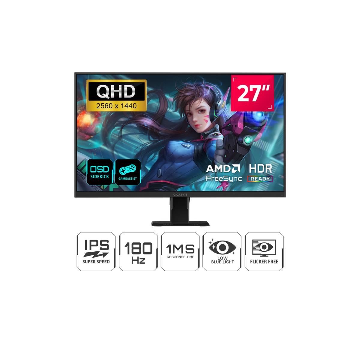 MONITOR GIGABYTE GS27QA 27" QHD 180HZ 1MS HDMI DP FREESYNC
